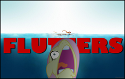Size: 1146x720 | Tagged: safe, artist:phucknuckl, fluttershy, human, pony, g4, scare master, jaws, movie poster, parody, partially submerged, swimming, underwater, water