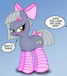 Size: 2200x2500 | Tagged: safe, artist:an-tonio, artist:lord waite, limestone pie, earth pony, pony, g4, angry, blushing, bow, clothes, colored, cute, dialogue, embarrassed, female, hair bow, high res, implied pinkie pie, limabetes, limetsun pie, mare, open mouth, ribbon, socks, solo, striped socks, tail bow, tsundere