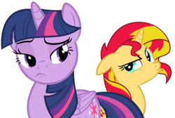 Size: 3000x2013 | Tagged: safe, artist:sikander, edit, sunset shimmer, twilight sparkle, alicorn, pony, unicorn, g4, high res, pouting, simple background, transparent background, twilight sparkle (alicorn), vector