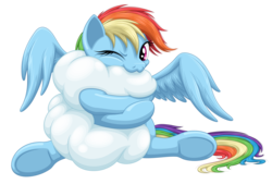 Size: 3400x2300 | Tagged: safe, artist:ohemo, rainbow dash, pegasus, pony, g4, :3, cloud, cute, dashabetes, female, high res, hug, looking at you, mare, nom, one eye closed, simple background, sitting, smiling, solo, spread wings, that pony sure does love clouds, transparent background, underhoof, weapons-grade cute, wink