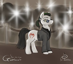 Size: 900x800 | Tagged: safe, artist:trancesequence, artist:whipstitch, oc, oc only, oc:trance sequence, earth pony, pony, clothes, earring, earth pony oc, fashion, glasses, looking back, male, piercing, ponytail, solo, tuxedo