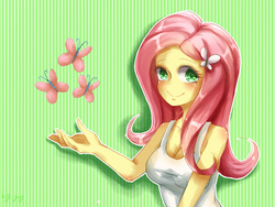 Size: 1200x900 | Tagged: dead source, safe, artist:xing, fluttershy, butterfly, equestria girls, g4, clothes, female, pixiv, solo, tank top