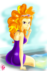 Size: 800x1200 | Tagged: safe, artist:burnt-sprinkles, adagio dazzle, human, equestria girls, g4, ass, butt, clothes, female, goggles, looking at you, one-piece swimsuit, signature, solo, swimming pool, swimsuit