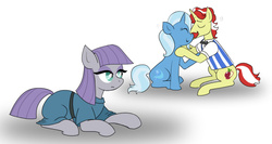 Size: 1024x545 | Tagged: safe, artist:susiebeeca, flam, maud pie, trixie, pony, unicorn, g4, eyes closed, female, flaxie, implied lesbian, implied mauxie, implied shipping, male, mare, nuzzling, prone, shipping, simple background, sitting, smiling, straight, white background