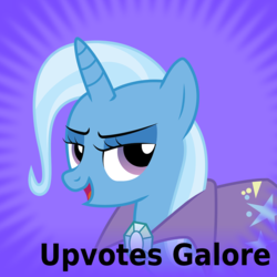 Size: 1024x1024 | Tagged: safe, artist:joey, derpibooru exclusive, trixie, pony, unicorn, derpibooru, g4, bedroom eyes, best pony, bust, cape, clothes, eyeshadow, female, lidded eyes, looking at you, makeup, mare, meta, open mouth, portrait, simple background, smiling, smug, solo, spoilered image joke, trixie's cape, was there ever any doubt?