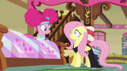 Size: 800x450 | Tagged: safe, screencap, fluttershy, pinkie pie, earth pony, pegasus, pony, g4, scare master, animated, candy, clothes, costume, duo, female, food, lollipop, nightmare night, nightmare night costume, pinkie puffs, roller skates, sugarcube corner