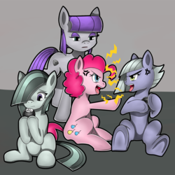 Size: 2000x2000 | Tagged: safe, artist:flam3zero, limestone pie, marble pie, maud pie, pinkie pie, earth pony, pony, g4, 8 ball, electricity, high res, open mouth, pairing stone, pie sisters, siblings, sisters, sitting
