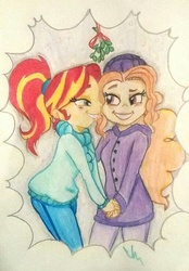 Size: 515x742 | Tagged: safe, artist:gingerthefox, adagio dazzle, sunset shimmer, equestria girls, g4, alternate hairstyle, clothes, female, holding hands, lesbian, mistletoe, ship:sunsagio, shipping, traditional art, winter outfit