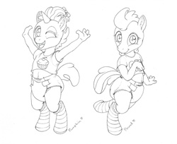 Size: 1280x1046 | Tagged: safe, artist:paddercat, pound cake, pumpkin cake, pegasus, unicorn, anthro, unguligrade anthro, g4, armpits, baby, black and white, bow, brother and sister, cake twins, clothes, colt, cupcake, cute, diaper, duo, female, filly, foal, food, grayscale, hair bow, horn, male, monochrome, one eye closed, open mouth, open smile, poofy diaper, shirt, siblings, smiling, sock, socks, striped socks, tongue out, traditional art, wink