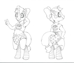 Size: 1280x1095 | Tagged: safe, artist:paddercat, oc, oc only, oc:paddycakes, unicorn, anthro, unguligrade anthro, arm behind head, armpits, black and white, bow, clothes, colt, crossdressing, diaper, femboy, foal, frilly socks, grayscale, hair bow, hand on hip, horn, male, monochrome, peace sign, poofy diaper, sissy, socks, striped socks, traditional art