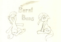 Size: 2560x1792 | Tagged: safe, artist:charliemane, part of a set, oc, oc only, oc:bunset shimmer, oc:burnt umber, pony, unicorn, series:burnt buns, laughing, lineart, monochrome, part of a series, sitting, traditional art, tutorial