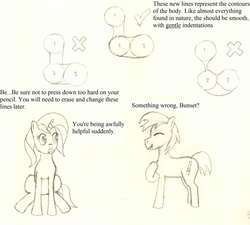 Size: 2560x2304 | Tagged: safe, artist:charliemane, part of a set, oc, oc only, oc:bunset shimmer, oc:burnt umber, pony, unicorn, series:burnt buns, high res, lineart, monochrome, part of a series, raised hoof, traditional art, tutorial, you tried