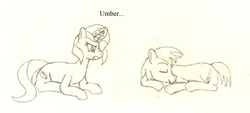 Size: 2304x1038 | Tagged: safe, artist:charliemane, part of a set, oc, oc only, oc:bunset shimmer, oc:burnt umber, pony, unicorn, series:burnt buns, lineart, magical encouragement, monochrome, part of a series, prone, sleeping, traditional art, tutorial