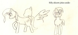 Size: 2292x1024 | Tagged: safe, artist:charliemane, part of a set, oc, oc only, oc:bunset shimmer, oc:burnt umber, pony, unicorn, series:burnt buns, lineart, monochrome, part of a series, traditional art, tutorial, wingless