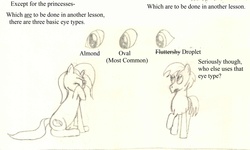 Size: 2560x1536 | Tagged: safe, artist:charliemane, part of a set, oc, oc only, oc:bunset shimmer, oc:burnt umber, pony, unicorn, series:burnt buns, eyes, how to draw, lineart, monochrome, part of a series, sitting, traditional art, tutorial, wink