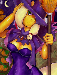 Size: 1000x1300 | Tagged: dead source, safe, alternate version, artist:terpa-apret, applejack, mismagius, anthro, g4, breasts, clothes, cosplay, costume, female, pokémon, solo, witch