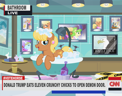 Size: 800x630 | Tagged: safe, artist:pixelkitties, chickadee, mayor mare, ms. harshwhinny, ms. peachbottom, prince blueblood, pony, g4, bath, bathroom, bathtub, bubble bath, butt, cable news network, claw foot bathtub, cnn, cute, donald trump, fable, looking at you, open mouth, plot, police tape, smiling, toilet, votehorse, wat, wine