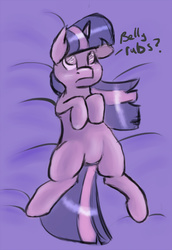 Size: 765x1115 | Tagged: safe, artist:post-it, twilight sparkle, pony, g4, asking, bed, bellyrubs, colored sketch, female, lying down, lying on bed, on bed, sketch, solo