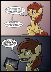 Size: 751x1064 | Tagged: dead source, safe, artist:veggie55, oc, oc only, oc:vento, pegasus, pony, backwards thermometer, comic, face, fallout 4, nyeh, sick, sitting, thermometer, undertale