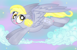 Size: 800x518 | Tagged: safe, artist:andypriceart, artist:krazykari, derpy hooves, pegasus, pony, g4, blushing, female, flying, mare, solo, tongue out