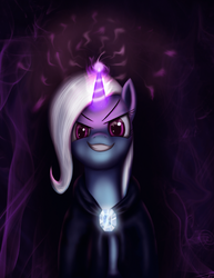 Size: 1972x2550 | Tagged: dead source, safe, artist:jeki, trixie, pony, unicorn, g4, cloak, clothes, female, gem, grin, looking at you, magic, mare, solo