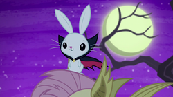 Size: 1280x720 | Tagged: safe, screencap, angel bunny, fluttershy, pony, rabbit, g4, scare master, bunnicula, cape, clothes, costume, fake flutterbat, flutterbat costume, full moon, moon, nightmare night costume, offscreen character, solo focus, tree, vampire costume