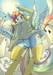 Size: 2039x2894 | Tagged: safe, artist:unousaya, rainbow dash, semi-anthro, g4, arm hooves, blushing, clothes, cloudsdale, coat, featureless crotch, female, grin, high res, socks, solo, thigh highs