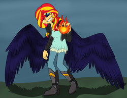 Size: 4063x3155 | Tagged: safe, artist:catlover1672, sunset shimmer, human, raven (bird), equestria girls, g4, angry, black sclera, fiery shimmer, fire, humanized, magic, solo, transformation, winged humanization, wings