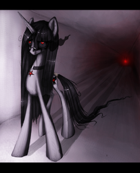 Size: 887x1090 | Tagged: safe, artist:grinu, oc, oc only, oc:vileraven, vampony, sharp teeth