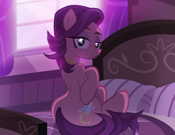 Size: 900x692 | Tagged: dead source, safe, artist:radiantrealm, spoiled rich, earth pony, pony, g4, bed, bedroom eyes, cute, cutie mark, eyelashes, female, hair, looking back, milf, mother, pillow, rear view, sexy, show accurate, smiling, solo, stupid sexy spoiled rich, sultry pose, tail, window