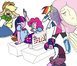 Size: 539x462 | Tagged: safe, artist:lolhooplacatz, applejack, fluttershy, pinkie pie, rainbow dash, sci-twi, twilight sparkle, equestria girls, g4, base used, connect four, draw the squad, parody, twilight sparkle (alicorn), twolight