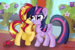 Size: 1500x1000 | Tagged: safe, artist:sunsetcrady, sunset shimmer, twilight sparkle, alicorn, pony, unicorn, equestria girls, g4, canterlot, duo, eyes closed, female, lesbian, raised hoof, ship:sunsetsparkle, shipping, signature, teary eyes, twilight sparkle (alicorn)