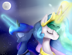 Size: 2001x1536 | Tagged: safe, artist:canelamoon, princess celestia, princess luna, g4, crying, eyes closed, happy, liquid pride, magic, moon, royal sisters, sun