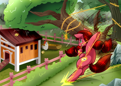 Size: 2120x1500 | Tagged: safe, artist:vavacung, oc, oc only, oc:macdolia, chicken, earth pony, pony, chain whip, chicken coop, commission, crisis averted, fluttershy's cottage, pigtails, pocket watch, tree