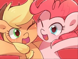 Size: 512x387 | Tagged: safe, artist:miki 14, applejack, pinkie pie, earth pony, pony, g4, cheek to cheek, cute, diapinkes, duo, female, happy, jackabetes, mare, one eye closed, open mouth, red background, simple background, smiling, wink