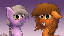 Size: 3000x1687 | Tagged: safe, artist:marsminer, oc, oc only, oc:reppy, oc:venus spring, pony, g4, braces, duo, duo female, explicit source, female, looking at you, mare, smiling, venus spring actually having a pretty good time