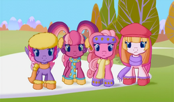 Size: 740x435 | Tagged: safe, screencap, cheerilee (g3), pinkie pie (g3), starsong, toola-roola, g3, g3.5, twinkle wish adventure, bandana, beret, clothes, earmuffs, hat, looking at you, scarf, snow, upset