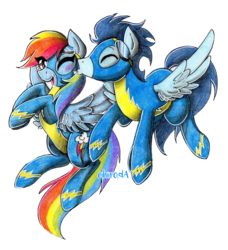Size: 2113x2316 | Tagged: safe, artist:cihiiro, rainbow dash, soarin', pony, g4, blushing, female, high res, kissing, male, mid-flight, one eye closed, open mouth, ship:soarindash, shipping, signature, simple background, straight, transparent background, wonderbolts uniform