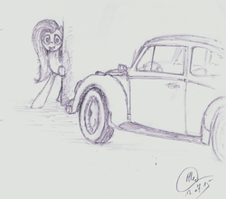 Size: 4715x4144 | Tagged: safe, artist:radiatingcalm, fluttershy, g4, absurd resolution, car, corner, discovery, female, monochrome, quick sketch, shy, solo, volkswagen beetle, wall