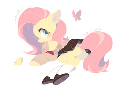 Size: 1433x1054 | Tagged: safe, artist:catrroll, fluttershy, butterfly, g4, blushing, bottomless, butt, clothes, female, flat colors, miniskirt, partial nudity, plot, shoes, skirt, socks, solo, sweater, sweatershy