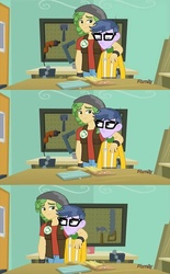 Size: 595x960 | Tagged: safe, edit, screencap, micro chips, sandalwood, acadeca, equestria girls, g4, my little pony equestria girls: friendship games, background human, comfort, embrace, gay, happy, hug, male, reassurance, sandalchips, screencap comic, shipping fuel