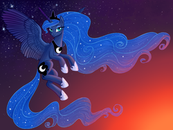 Size: 3264x2448 | Tagged: dead source, safe, artist:aurora69rainbow, princess luna, alicorn, pony, g4, female, flying, high res, looking at you, smiling, solo, stars, twilight (astronomy)
