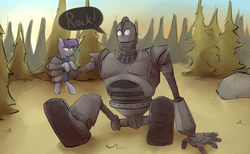 Size: 1280x786 | Tagged: safe, artist:marsminer, maud pie, earth pony, pony, robot, g4, crossover, forest, rock, the iron giant, warner brothers