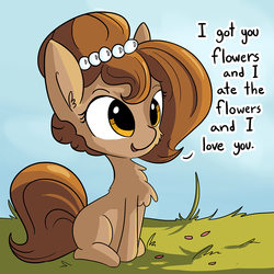 Size: 990x990 | Tagged: safe, artist:tjpones, oc, oc only, oc:brownie bun, earth pony, pony, horse wife, adorkable, but i eated it, cheek fluff, chest fluff, cute, dialogue, dork, female, fluffy, grass, i love you, mare, ocbetes, open mouth, shoulder fluff, sitting, smiling, solo, tjpones is trying to murder us, weapons-grade cute