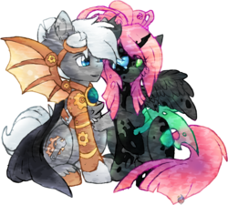 Size: 2917x2621 | Tagged: safe, artist:php166, oc, oc only, oc:gears, oc:stitches, changeling, hybrid, pegasus, pony, artificial wings, augmented, cape, clothes, comforting, crying, female, goggles, high res, horn, male, mechanical wing, oc x oc, shipping, steampunk, straight, wings