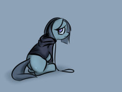 Size: 2059x1551 | Tagged: safe, artist:jetwave, marble pie, pony, g4, clothes, collar, female, hoodie, leash, lonely inky, sad, solo