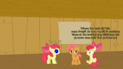 Size: 1600x901 | Tagged: safe, apple bloom, babs seed, scootaloo, sweetie belle, earth pony, pony, ask fapplebloom, ask the perverted cmc, g4, accent, animated, blue screen of death, blushing, cutie mark crusaders, female, filly, foal, sitting