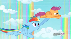 Size: 845x466 | Tagged: safe, screencap, rainbow dash, scootaloo, pegasus, pony, g4, my little pony: friendship is magic, sleepless in ponyville, carrying, cloud, female, filly, flying, flying lesson, hub logo, hubble, mare, rainbow waterfall, scootaloo can't fly, scootalove, the hub