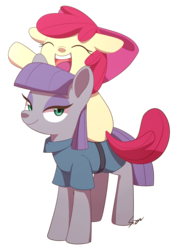 Size: 1182x1675 | Tagged: safe, artist:sion, apple bloom, maud pie, earth pony, pony, g4, apple bloom riding maud pie, clothes, eyes closed, floppy ears, lidded eyes, looking at you, maudbloom, open mouth, ponies riding ponies, riding, simple background, smiling, transparent background, when she smiles