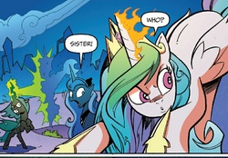 Size: 838x584 | Tagged: safe, artist:andypriceart, idw, official comic, princess celestia, princess luna, queen chrysalis, alicorn, changeling, changeling queen, pony, g4, siege of the crystal empire, spoiler:comic, spoiler:comic35, female, fire, mare, panel, royal sisters, sisters, speech bubble